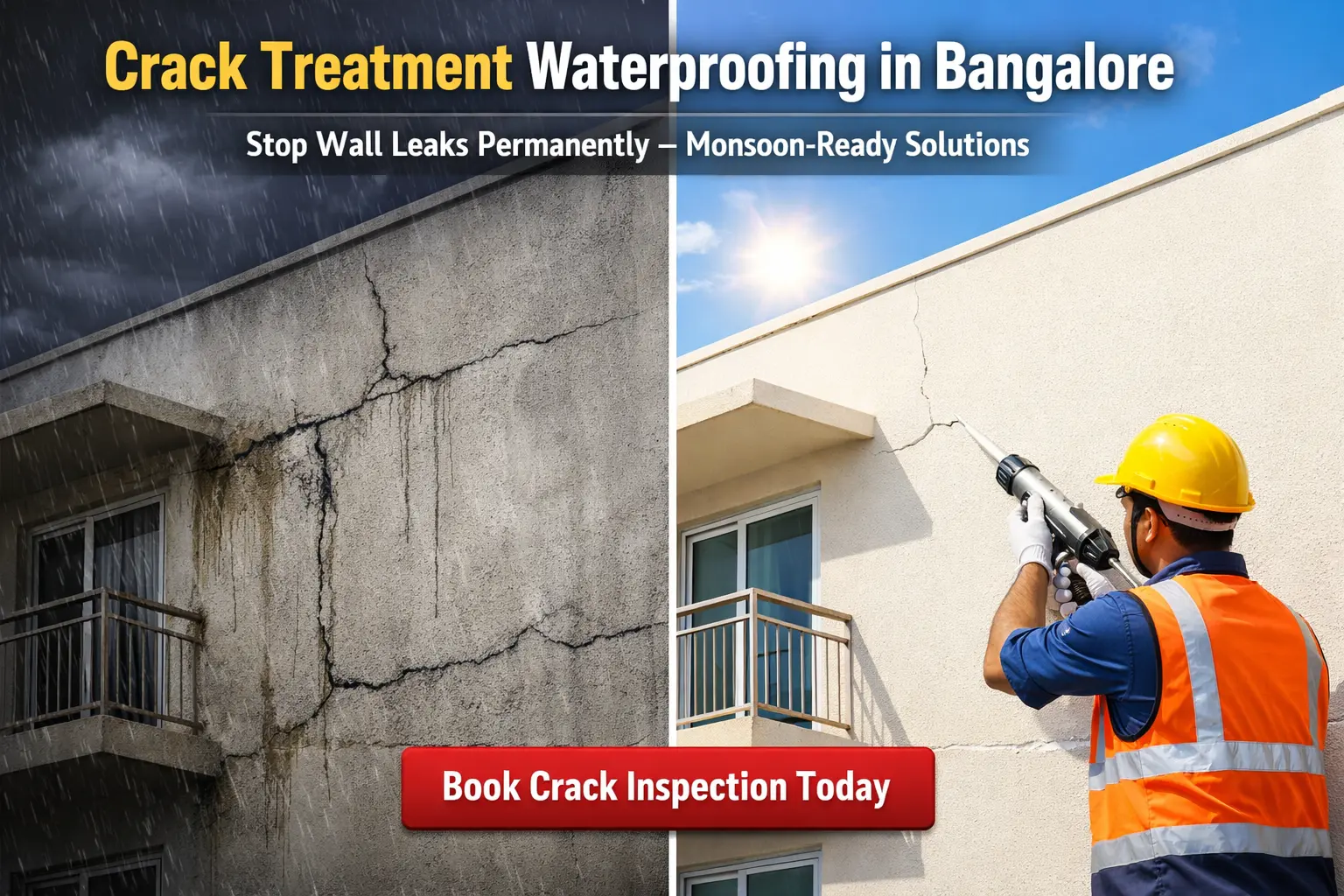 Crack treatment waterproofing in Bangalore apartment wall to stop monsoon leaks permanently.