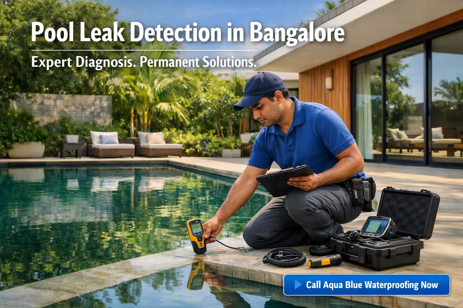 Pool leak detection in Bangalore by Aqua Blue Waterproofing at luxury villa swimming pool