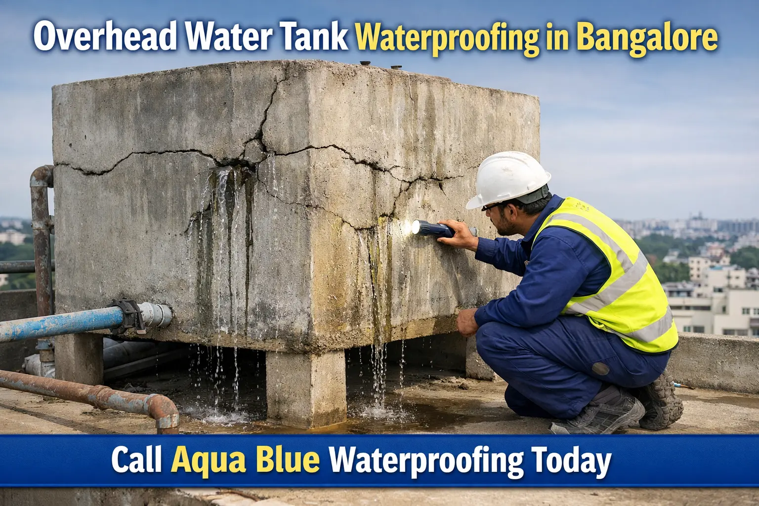 Overhead Water Tank Waterproofing in Bangalore inspection of leaking rooftop tank.