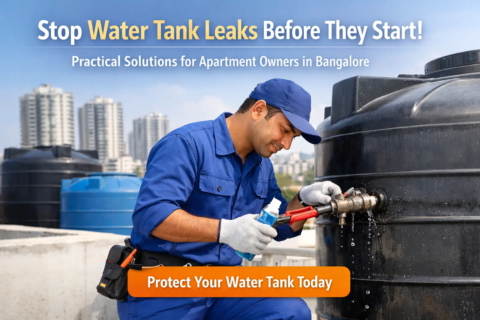 Technician inspecting water tank on Bangalore apartment rooftop to prevent leakage