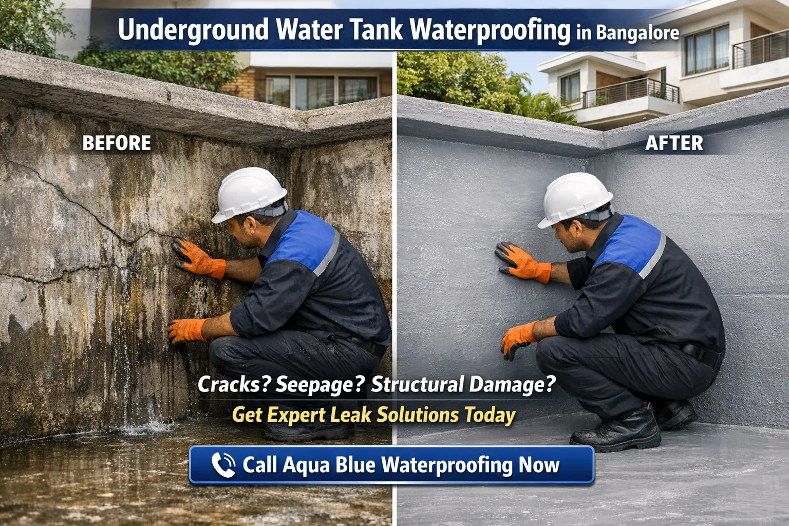 Underground Water Tank Waterproofing in Bangalore by Aqua Blue Waterproofing showing leak repair and cementitious coating application inside RCC tank